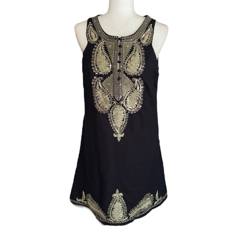 Free People Black & Sparkly Gold Sequin & Embroidered Sleeveless Mini Dress - 10